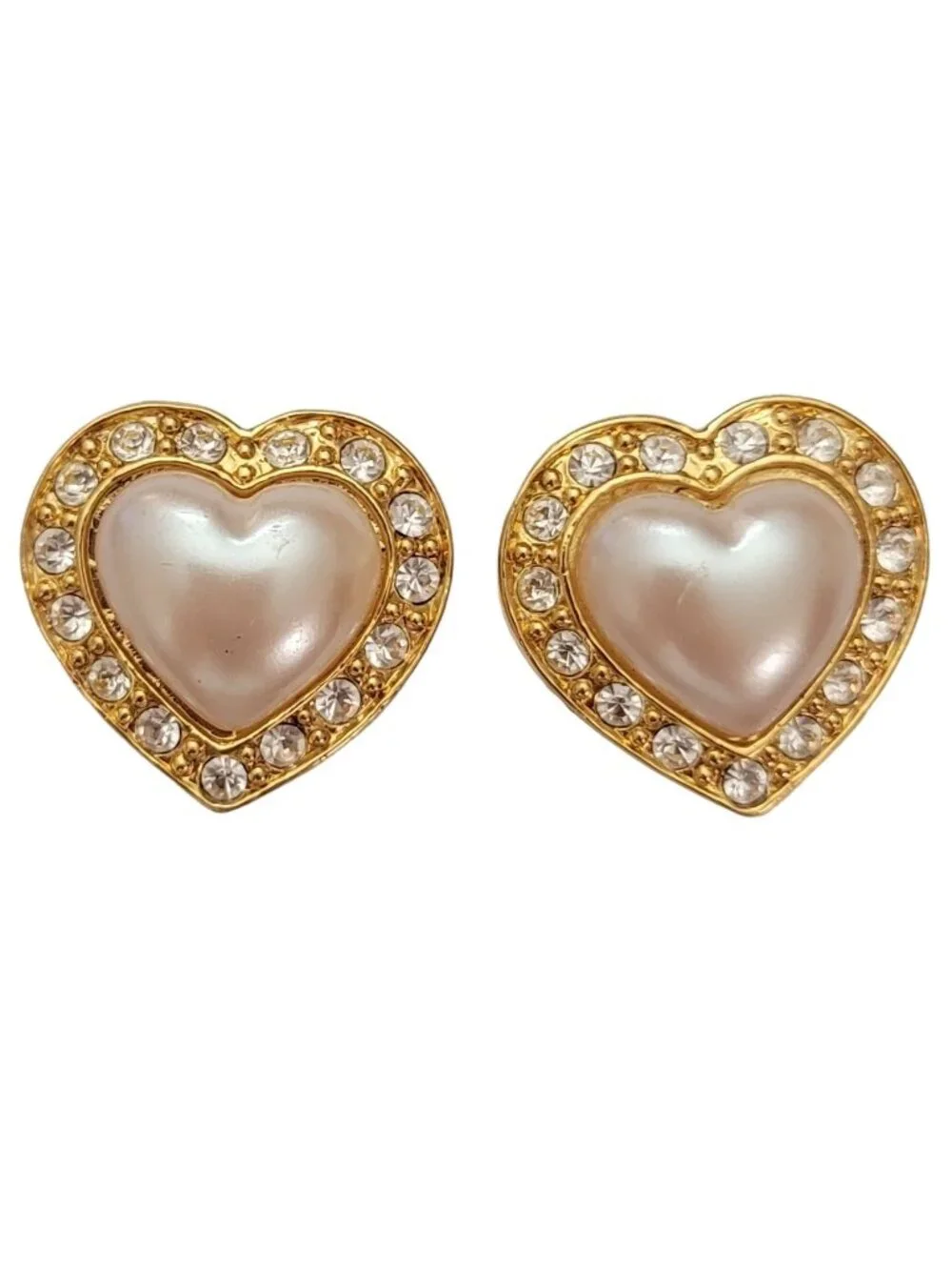 Avon Gold Tone Clear Rhinestone Faux Pearl Heart Shape Clip-On Earrings, E813